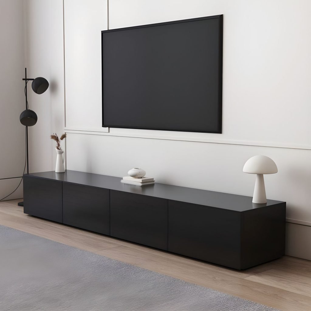 Apexerahomelife Sleek Black Wood TV Console 180cm, featuring a deep black grain finish and 4 handle-less silent drawers on E0 eco-wood.