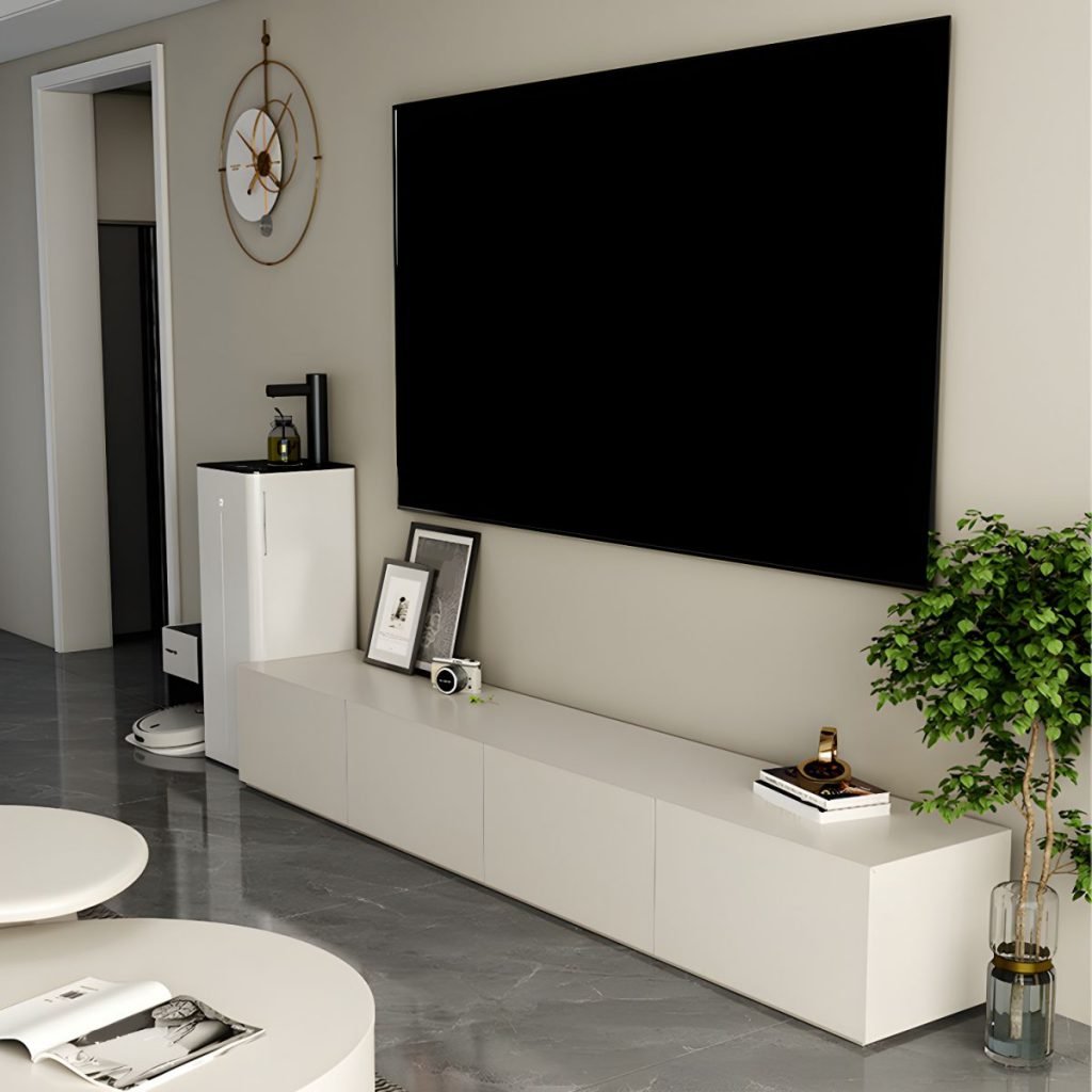 Apexerahomelife Seamless White Drawer Media Base 240cm, featuring an all-white handle-less facade with 4 buffer drawers on E0 wood.
