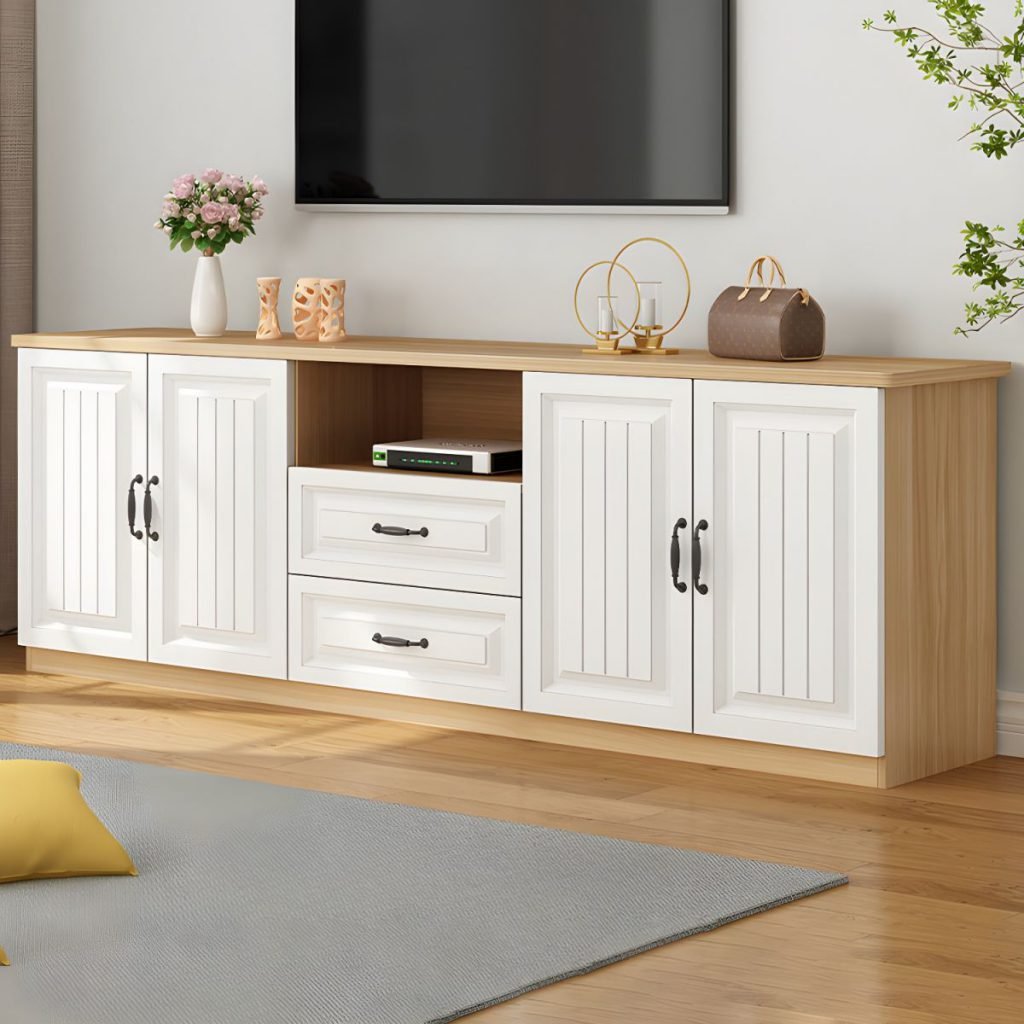 Apexerahomelife Scandi Wood Paneled Media Base 160cm, showing walnut and white patterned doors, center open tier, and E0 eco-wood structure.