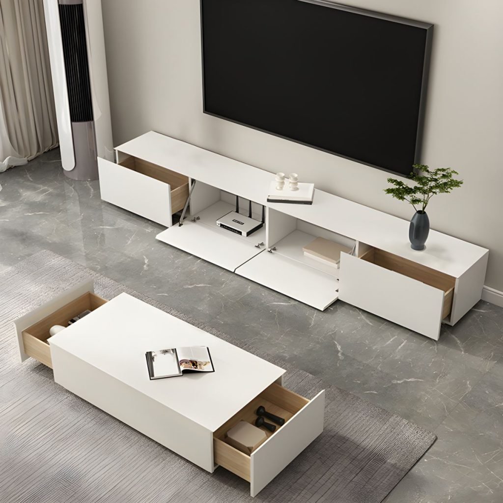 Sleek White Media Console 180cm with flap door by Apexerahomelife.