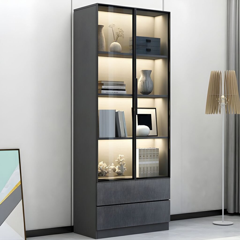1200x12003 308 Wooden Bookcase Modern With Glass 2/6 Doors Living Room Library 2 Drawers Storage Cabinet Book Shelvese With Lights Bookshelf