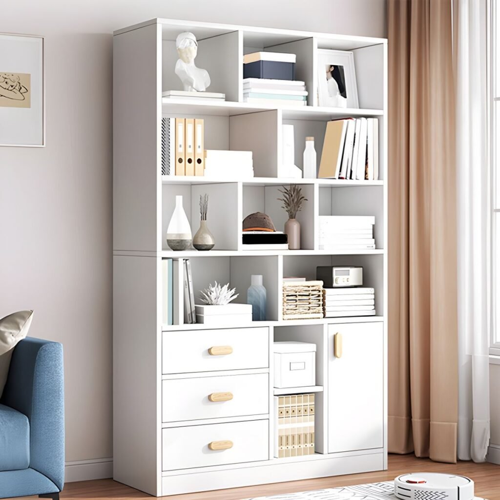 1200x12003 329 Open Unit With Hidden Storage Bookcase - Modern Wood Grain Library Tower Bookshelf