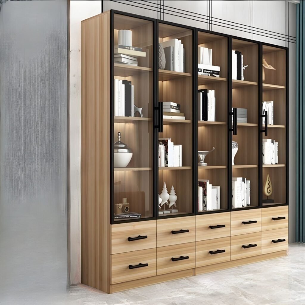 1200x12003 332 Sustainable Engineered Wood Bookcase with Integrated Glass Display Case and Bottom Drawer Storage - Modern Minimalist Style