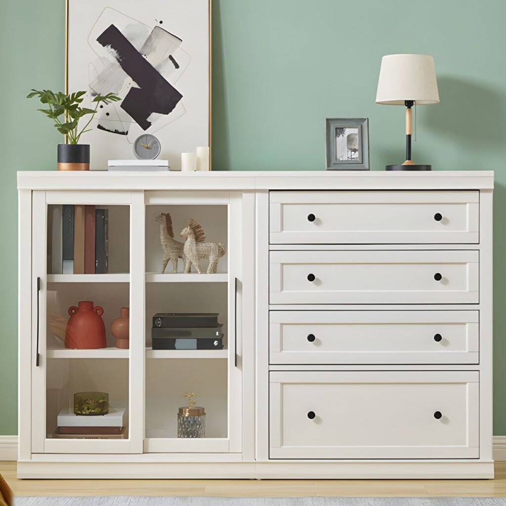 1200x12003 335 Luxury Chalk Organizing Shelf with 2 Cabinet and 6-Shelf Vertical Closed Back
