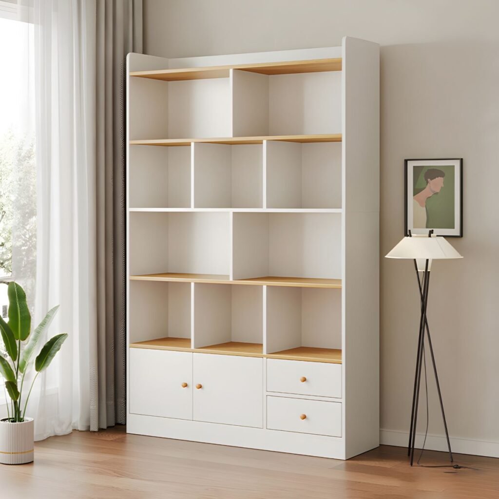 1200x12003 337 Modern Wooden Bookcase with Lower Cabinet Doors and Drawers - 5-Tier Large Storage Shelf for Home Office