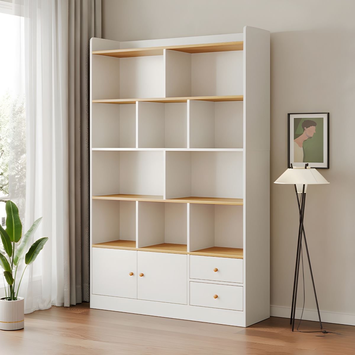 Modern Wooden Bookcase with Lower Cabinet Doors and Drawers - 5-Tier Large Storage Shelf for Home Office - Image 5