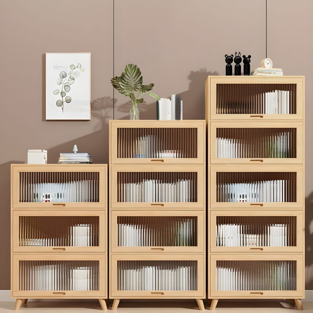 1200x12003 349 Apexerahomelife Natural Wood Fluted Glass Bookcase JX-BC-032 with Dust-Proof Flip Doors