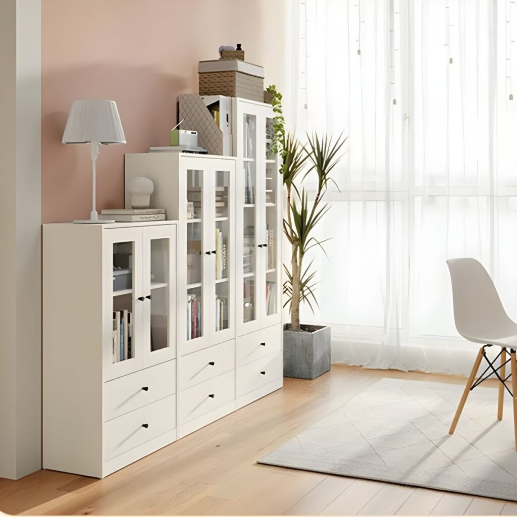 1200x12003 355 Compact 3-Tier Creamy Dust-Proof Glass Display White Accent Cabinet with Glass Doors & 2-Drawer Base, 40-Inch Height