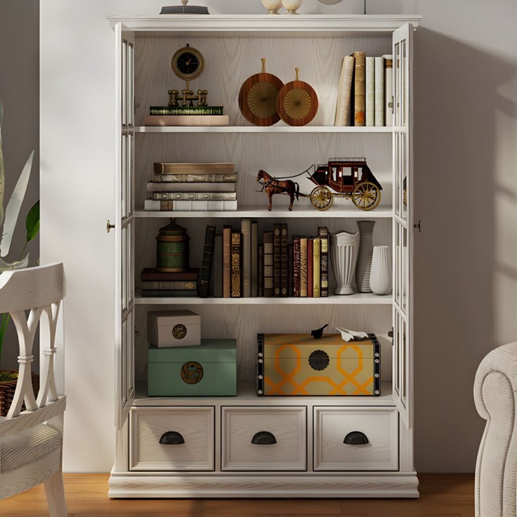 1200x12003 357 Glass-Door Storage Hutch – Stunning 60-Inch White Bookcase with 2-Drawer Base, Reliable Dust-Proof Display for Modern Living