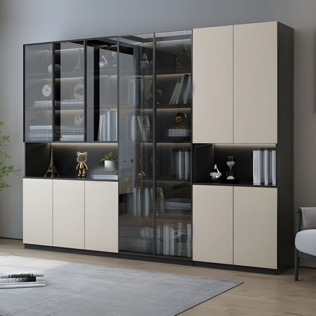 1200x12003 364 Executive Charcoal Vitrine – Grand 79-Inch Dark Grey Bookcase with Integrated LED Lighting and Reliable Storage Cabinets