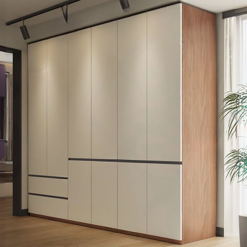 Warm Beige & Wood Grain Wardrobe featuring a floor-to-ceiling 94.5-inch design and sleek hidden handles for a modern bedroom.