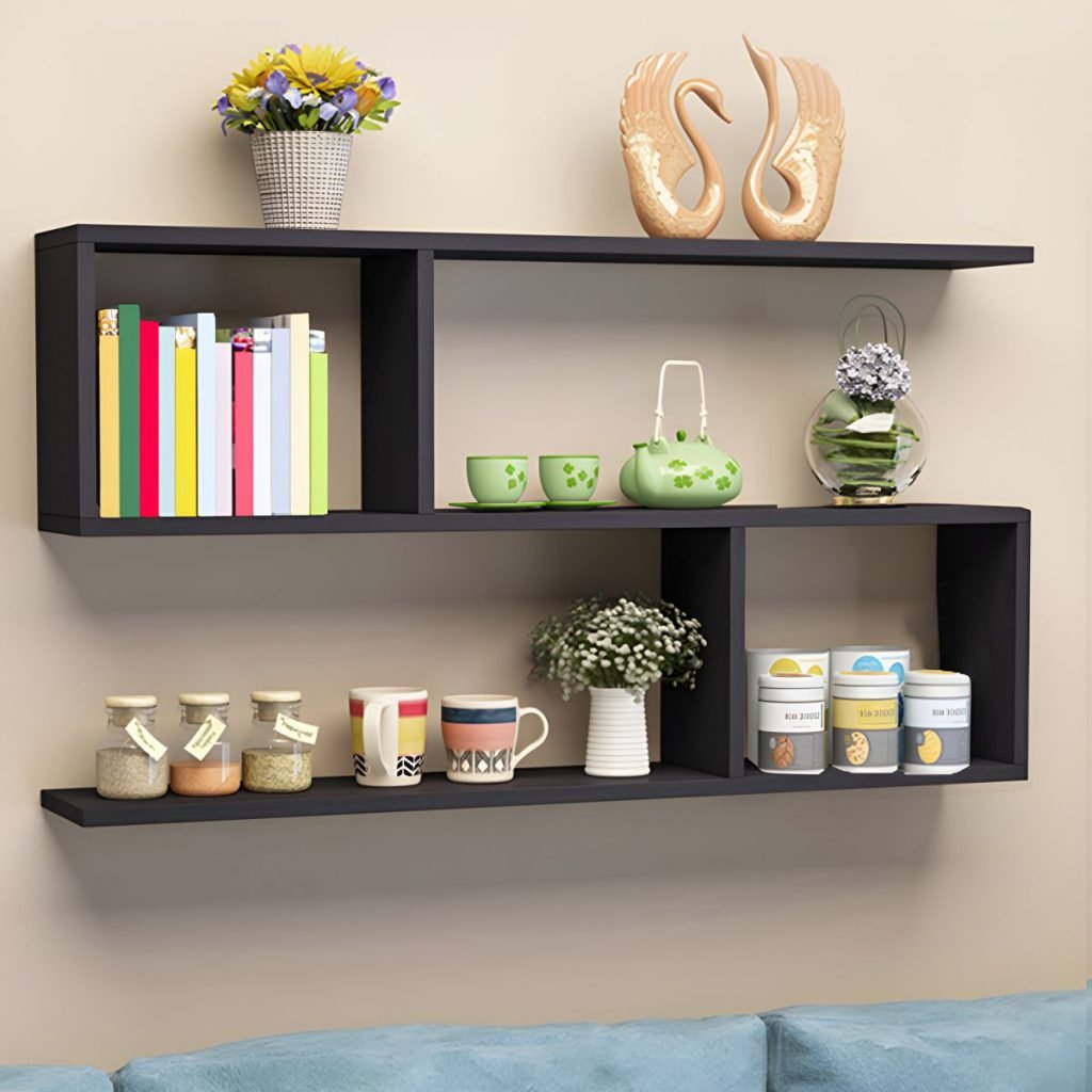 A standalone view of the Modular Floating Credenza in a rustic walnut finish, showcasing its 2-tier open-frame design and realistic wood grain texture.