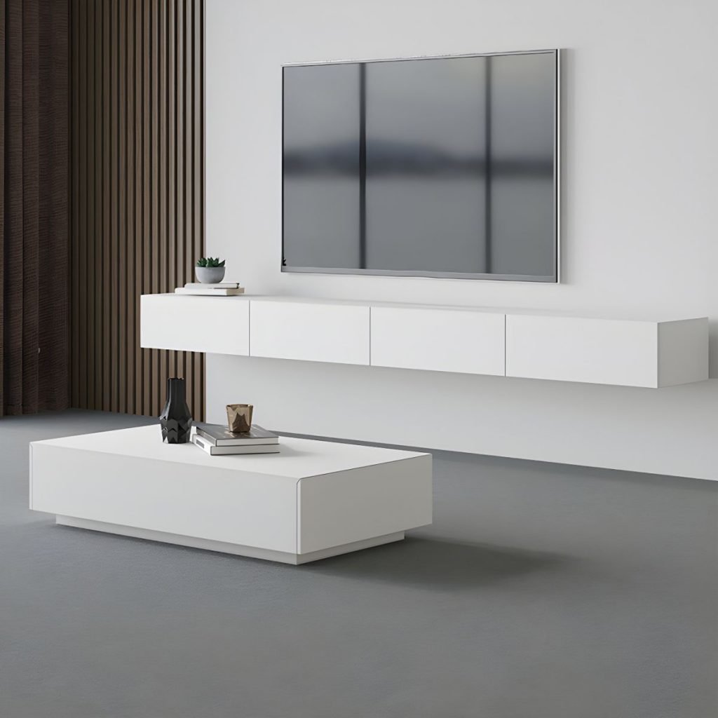 Apexerahomelife Sleek White Floating TV Stand in 180cm, showcasing a pure white finish, central flap-down door with gas struts, hidden handle drawers, and healthy E0-grade wood texture.
