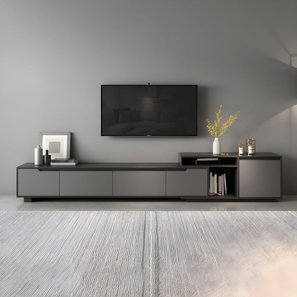 Apexerahomelife Extra Long Two Tone TV Stand shown in a 290cm configuration, featuring a dark gray and white split-tone finish, 4 hidden handle drawers with buffer slides, and healthy E0-grade wood texture.