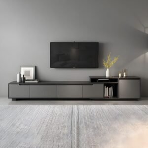 Dove Grey Minimalist Wooden TV Stand with Shelf, 2-Drawer, Closet, and Open-air Storage
