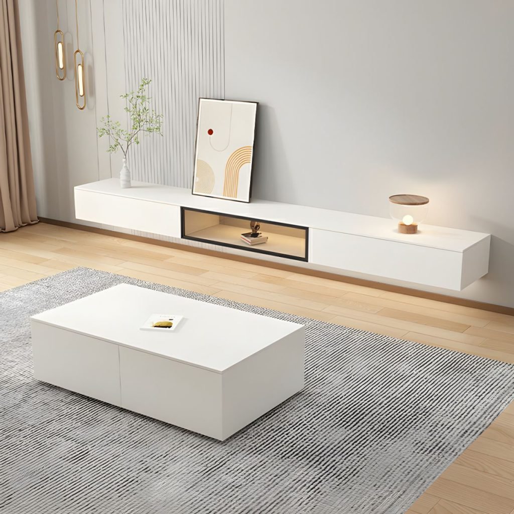 Apexerahomelife Floating Glass Door TV Stand 240cm, showing white E0 wood with LED lighting and 3C certified tempered glass doors.