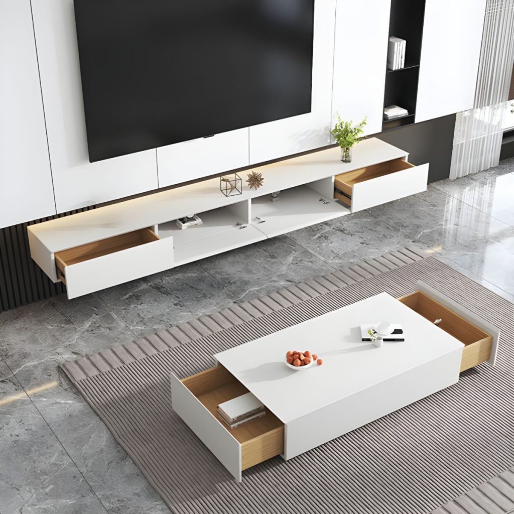 Apexerahomelife Ultra Sleek White TV Console shown in a minimalist living room, featuring a pure white 240cm finish, central gas lift flap door, two side storage drawers with hidden handles, and healthy E0-grade wood texture.