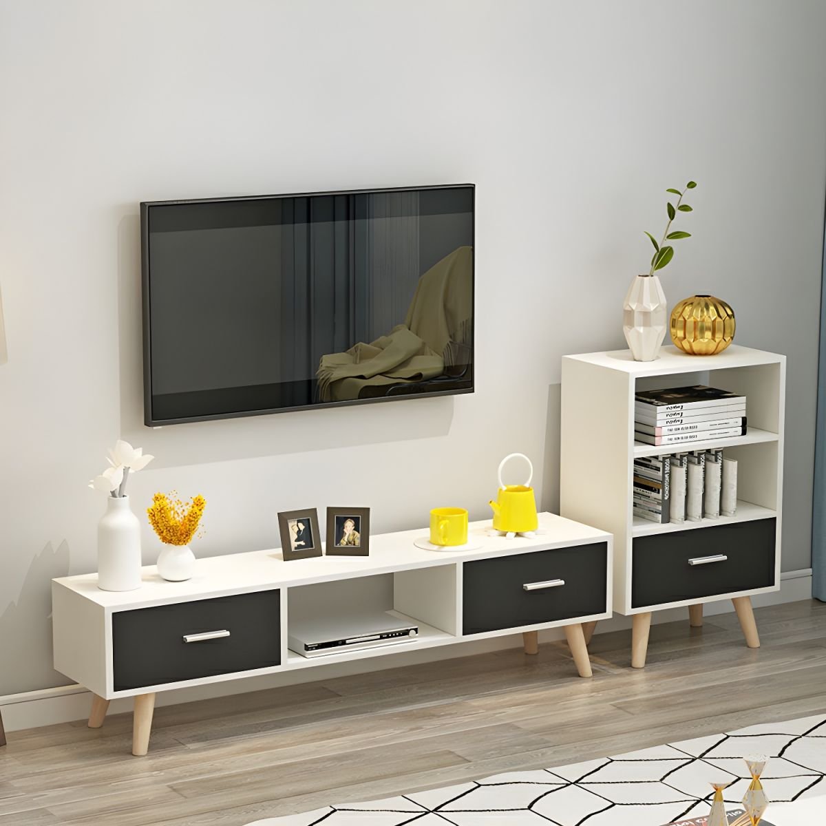 Wood TV Stand Console in Wood with Storage Drawers and Metal Legs Glam