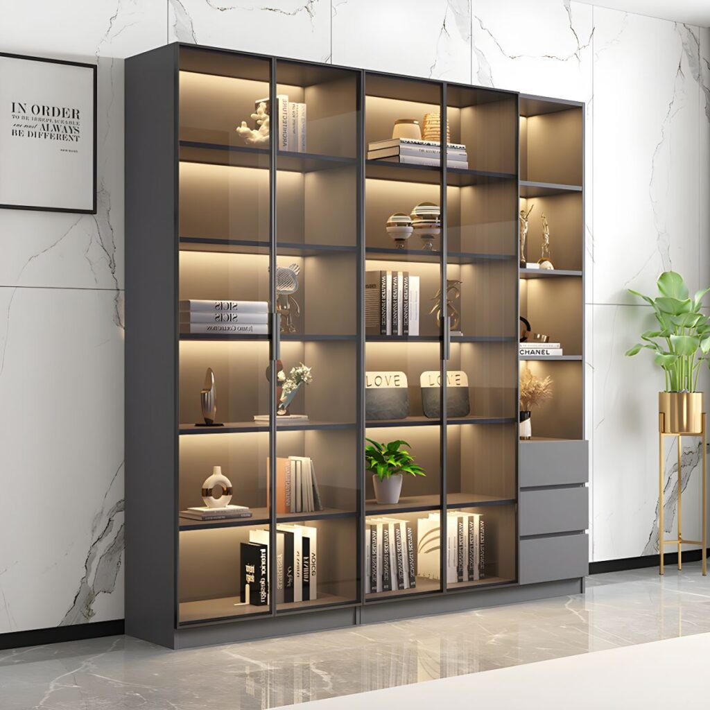 1200x12004 308 Modern Wooden Bookcase With Glass 2/6 Doors Library 2/3Drawers Storage Living Room Cabinet Book Shelvese With Lights Bookshelf