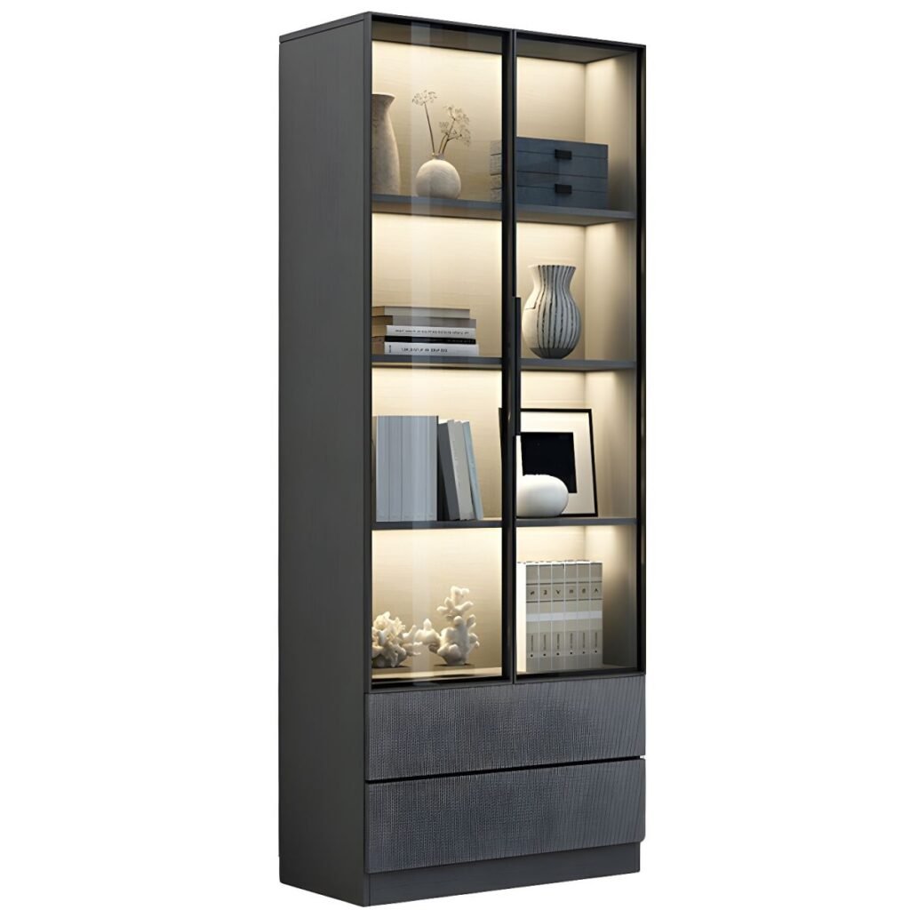 1200x12004 309 Wooden Bookcase Modern With Glass 2/6 Doors Living Room Library 2 Drawers Storage Cabinet Book Shelvese With Lights Bookshelf