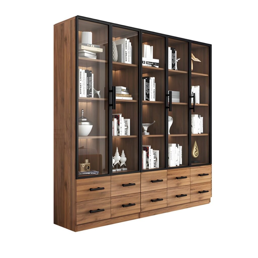 1200x12004 332 Sustainable Engineered Wood Bookcase with Integrated Glass Display Case and Bottom Drawer Storage - Modern Minimalist Style