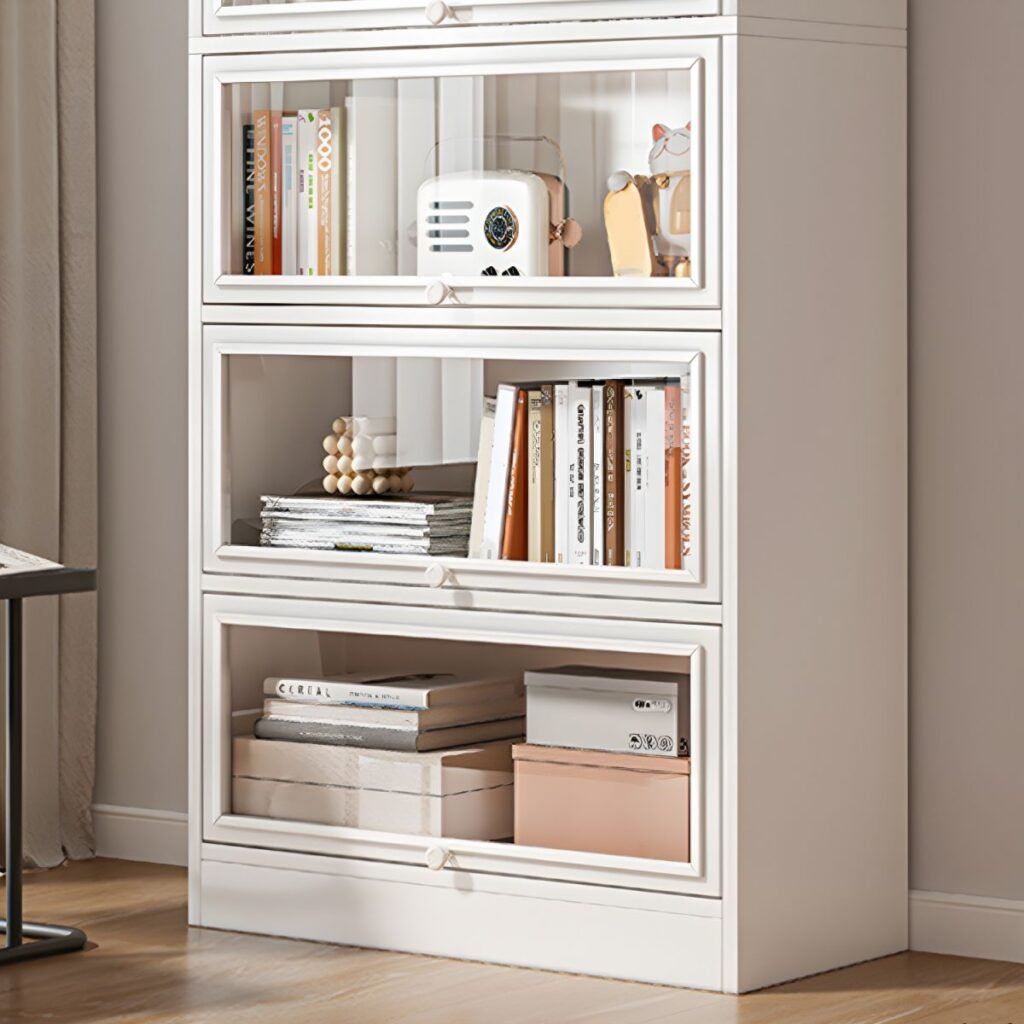 1200x12004 357 Flip-up Glass Bookcase – Brilliant 53-Inch White Storage Cabinet with 4-Tier Fluted Glass Doors, Smart Space-Saving Design