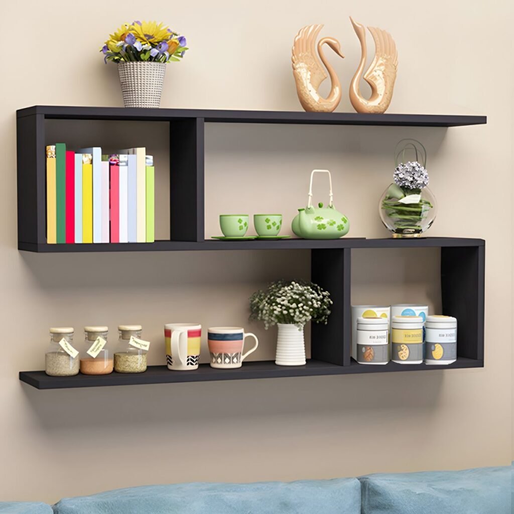 1200x12004 362 Wall-Mounted Timber Unit – Brilliant 29.5-Inch Floating Walnut Shelf, Harmonious 2-Tier Open Storage for Modern Gallery Walls
