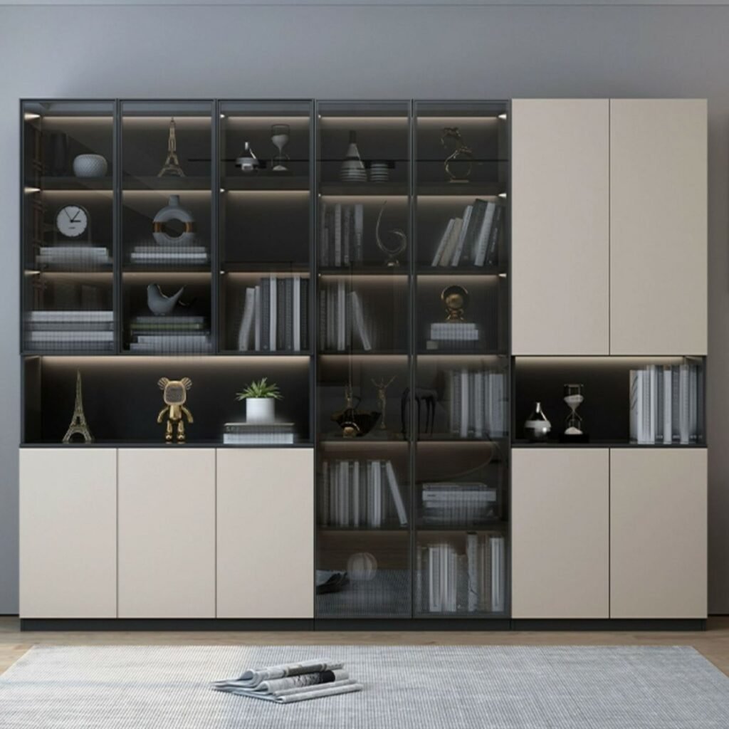 1200x12004 363 Executive Charcoal Vitrine – Grand 79-Inch Dark Grey Bookcase with Integrated LED Lighting and Reliable Storage Cabinets