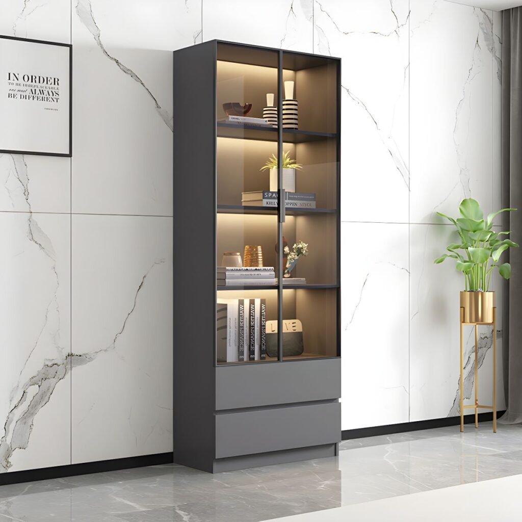 1200x12005 310 Modern Wooden Bookcase With Glass 2/6 Doors Library 2/3Drawers Storage Living Room Cabinet Book Shelvese With Lights Bookshelf