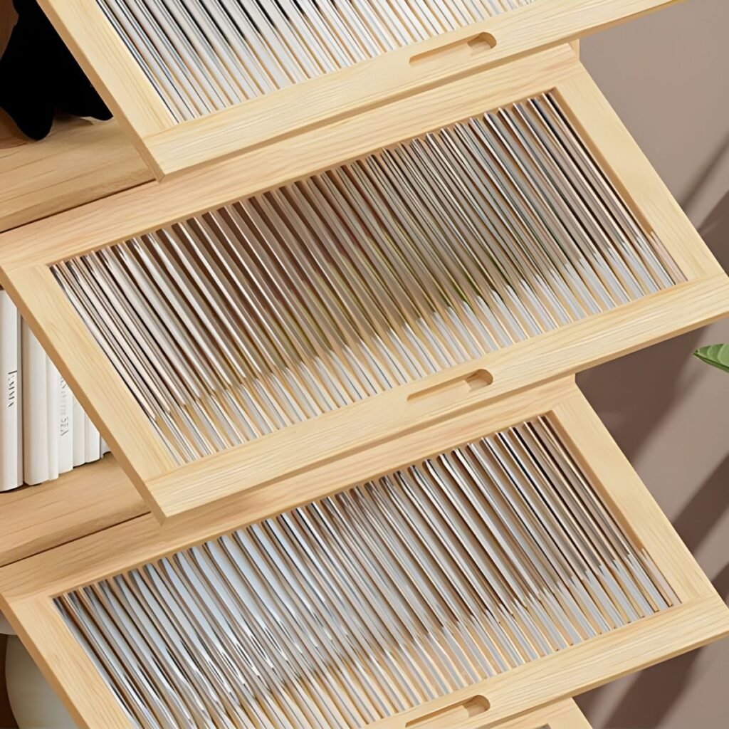 1200x12005 345 Apexerahomelife Natural Wood Fluted Glass Bookcase JX-BC-032 with Dust-Proof Flip Doors