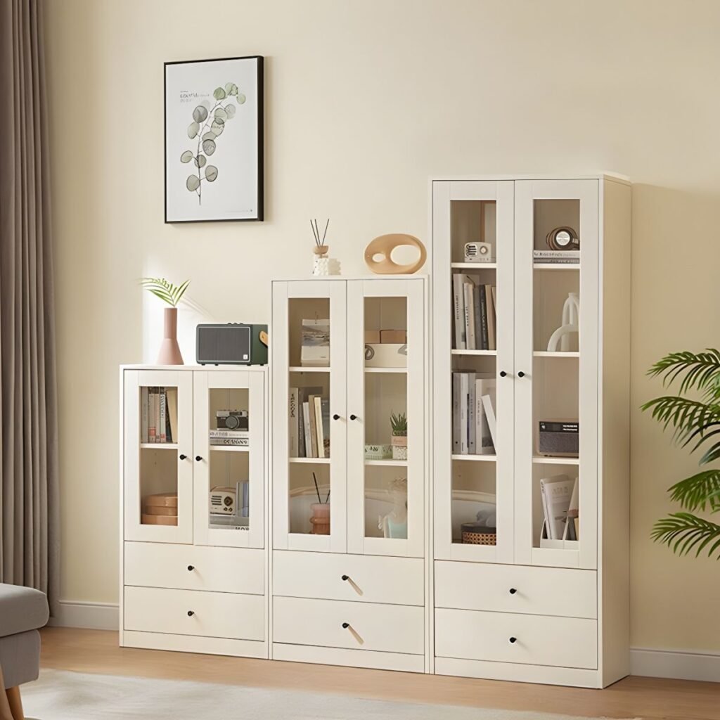 1200x12005 351 Compact 3-Tier Creamy Dust-Proof Glass Display White Accent Cabinet with Glass Doors & 2-Drawer Base, 40-Inch Height