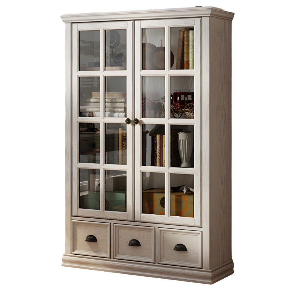 1200x12005 353 Glass-Door Storage Hutch – Stunning 60-Inch White Bookcase with 2-Drawer Base, Reliable Dust-Proof Display for Modern Living
