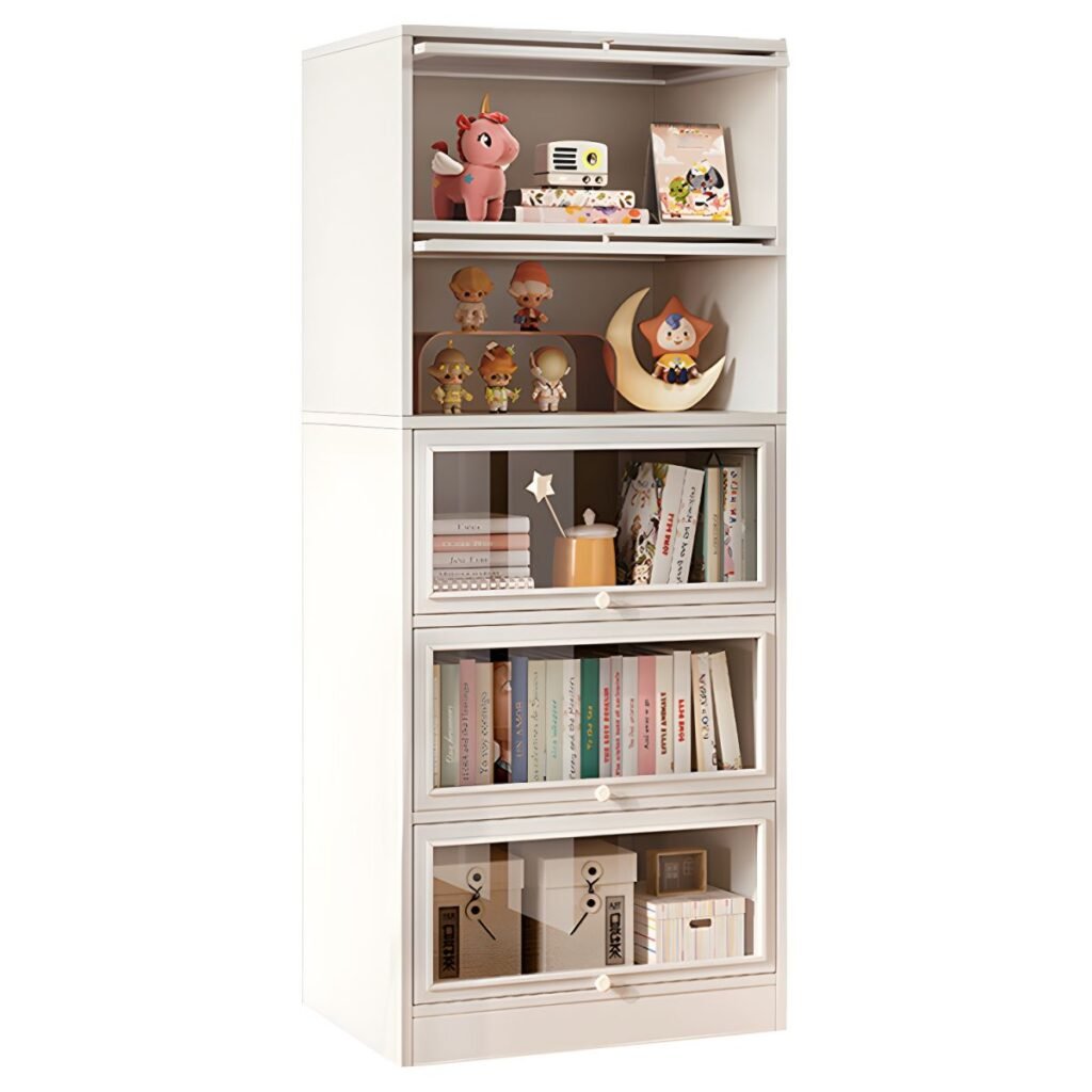 1200x12005 354 Flip-up Glass Bookcase – Brilliant 53-Inch White Storage Cabinet with 4-Tier Fluted Glass Doors, Smart Space-Saving Design
