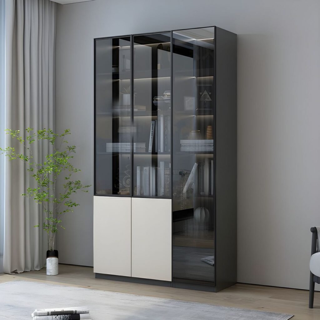1200x12005 360 Executive Charcoal Vitrine – Grand 79-Inch Dark Grey Bookcase with Integrated LED Lighting and Reliable Storage Cabinets