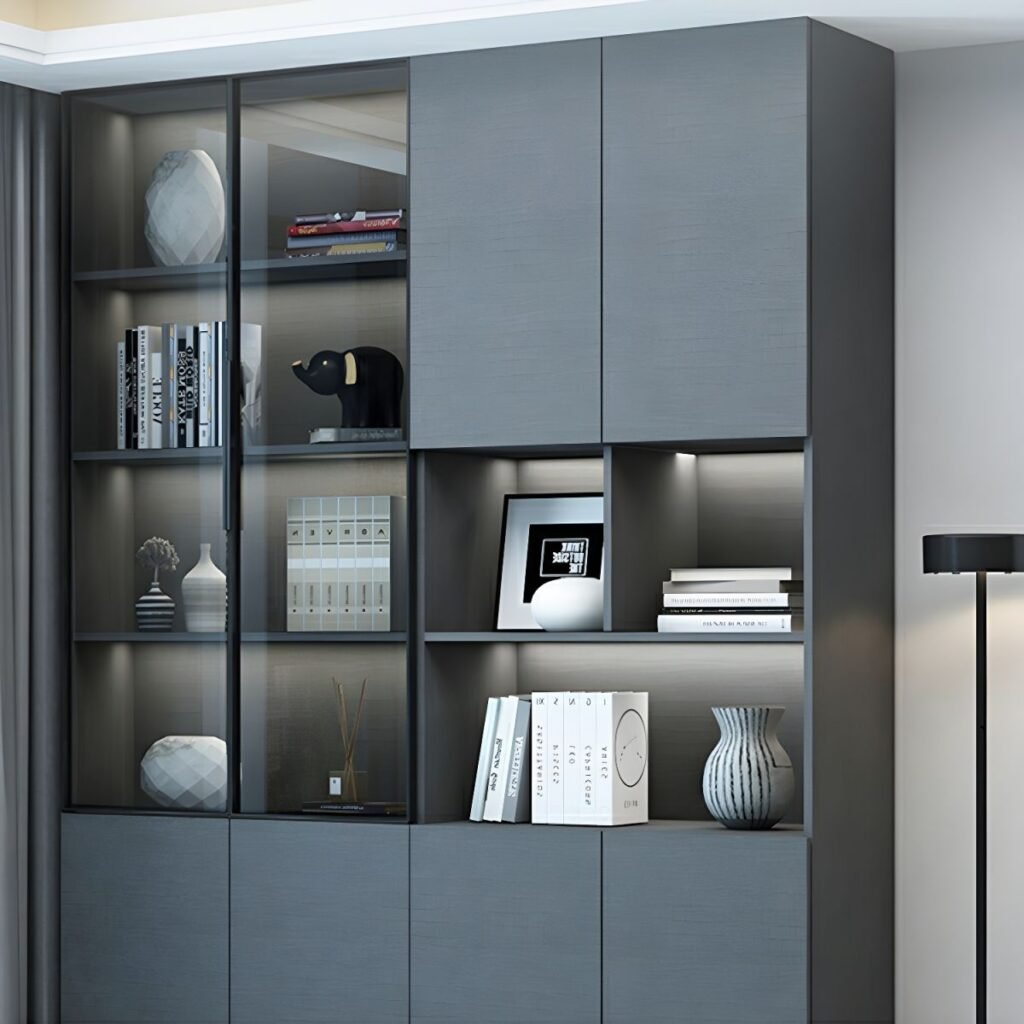 1200x12006 310 Wooden Bookcase Modern With Glass 2/6 Doors Living Room Library 2 Drawers Storage Cabinet Book Shelvese With Lights Bookshelf