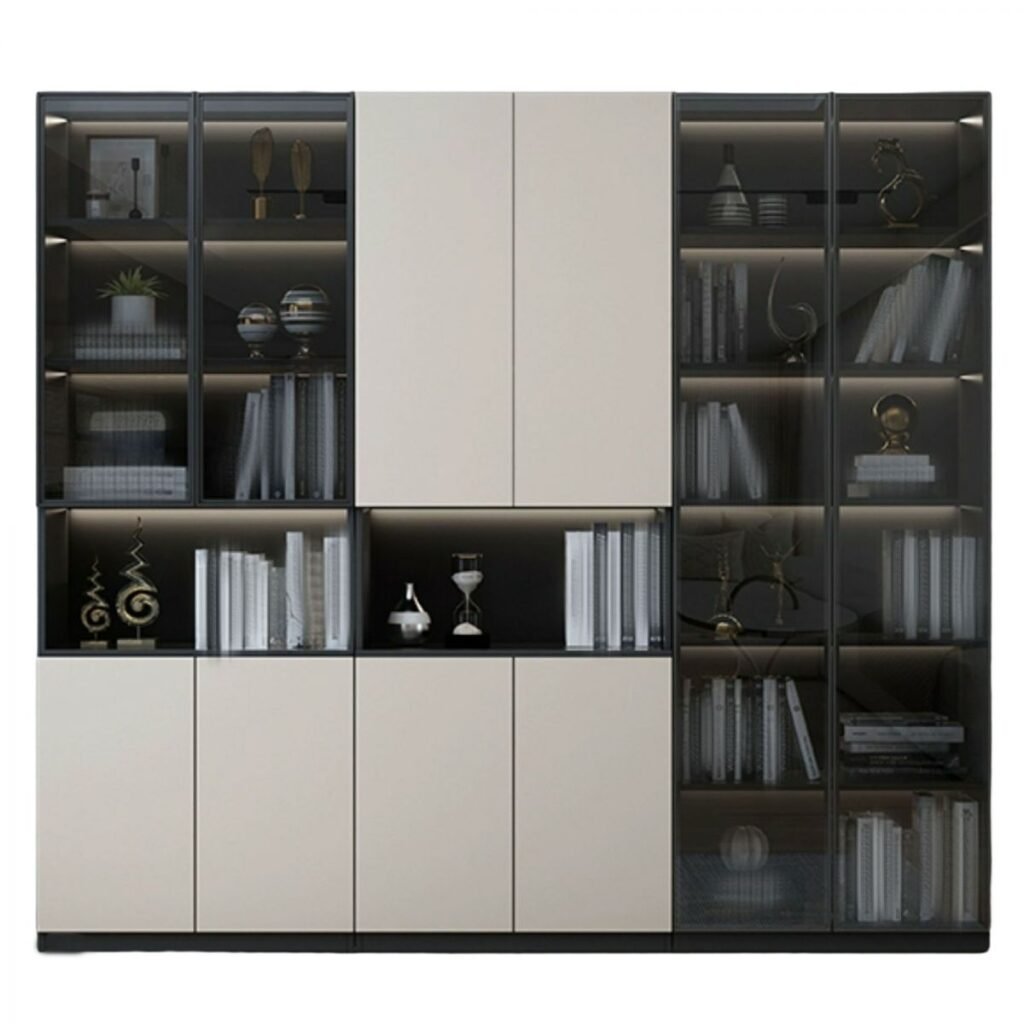 1200x12006 354 Executive Charcoal Vitrine – Grand 79-Inch Dark Grey Bookcase with Integrated LED Lighting and Reliable Storage Cabinets