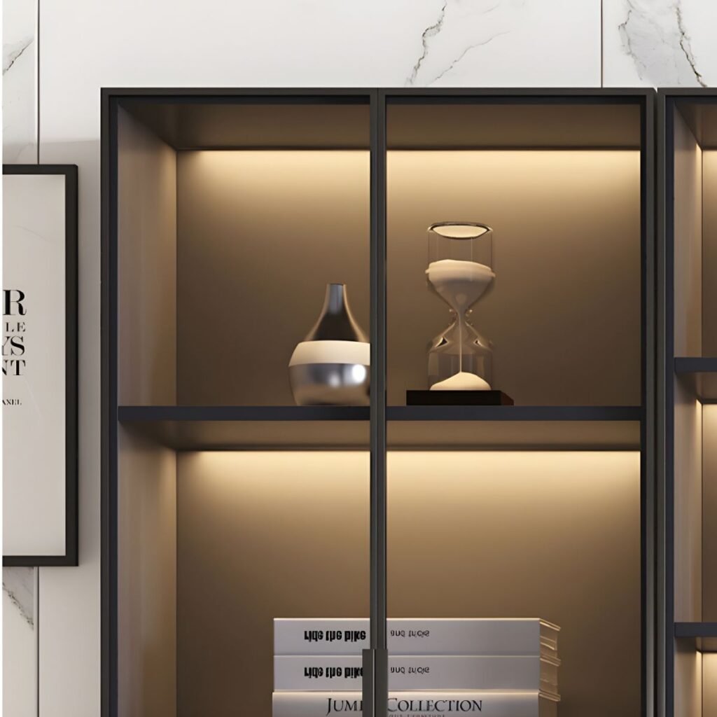 1200x12007 311 Modern Wooden Bookcase With Glass 2/6 Doors Library 2/3Drawers Storage Living Room Cabinet Book Shelvese With Lights Bookshelf
