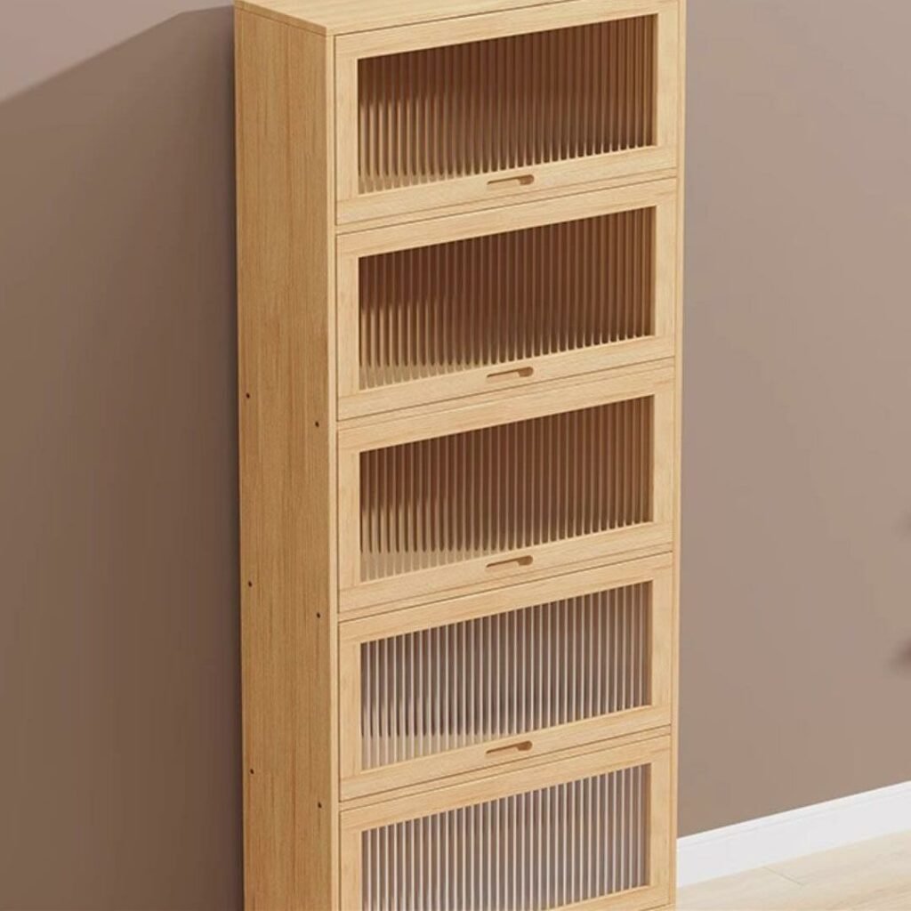 1200x12007 341 Apexerahomelife Natural Wood Fluted Glass Bookcase JX-BC-032 with Dust-Proof Flip Doors