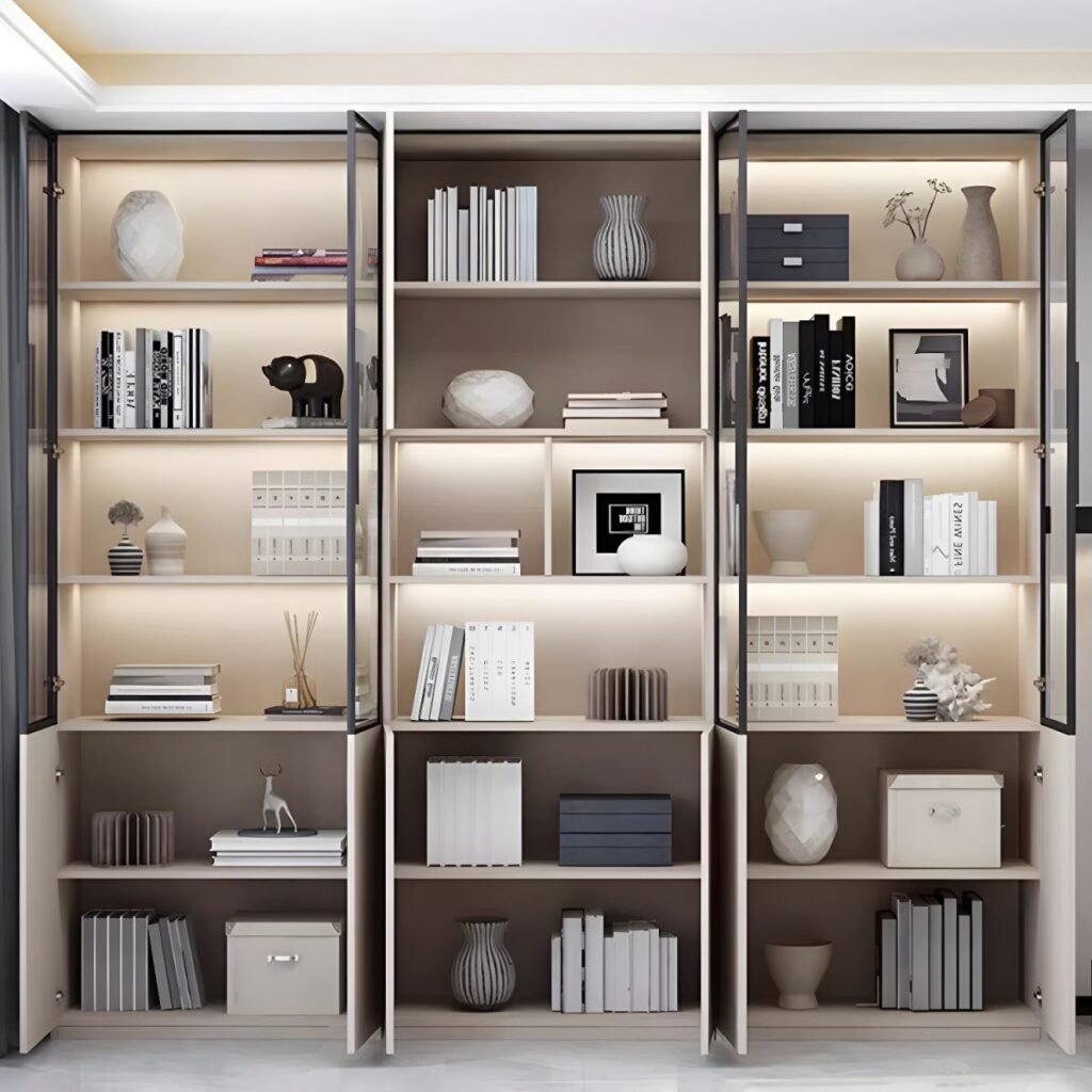 1200x12008 310 Wooden Bookcase Modern With Glass 2/6 Doors Living Room Library 2 Drawers Storage Cabinet Book Shelvese With Lights Bookshelf