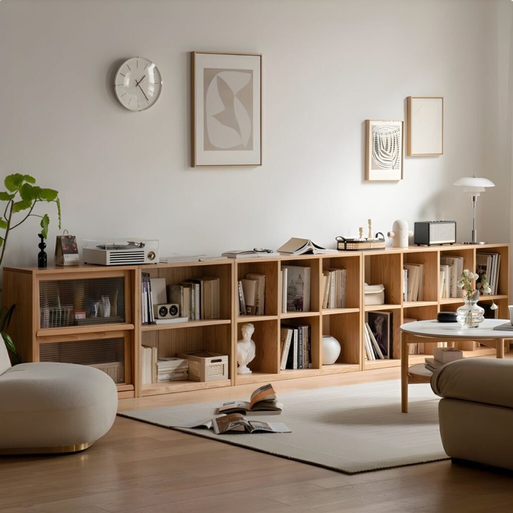 1200x12008 319 Easy-to-Assemble Modern Bookcase- Versatile Storage Cabinet With Wooden Rippled Glass Doors Bookshelf