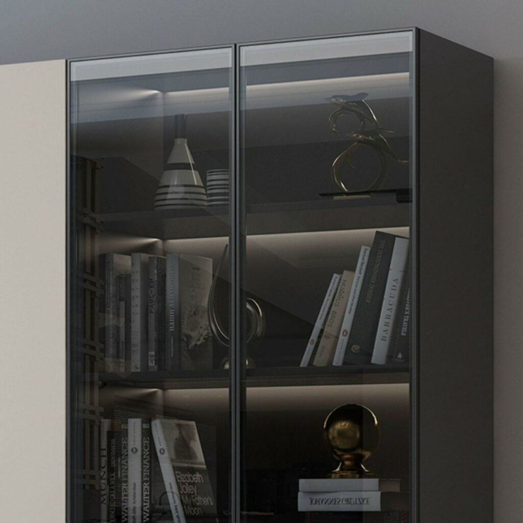 1200x12008 336 Executive Charcoal Vitrine – Grand 79-Inch Dark Grey Bookcase with Integrated LED Lighting and Reliable Storage Cabinets