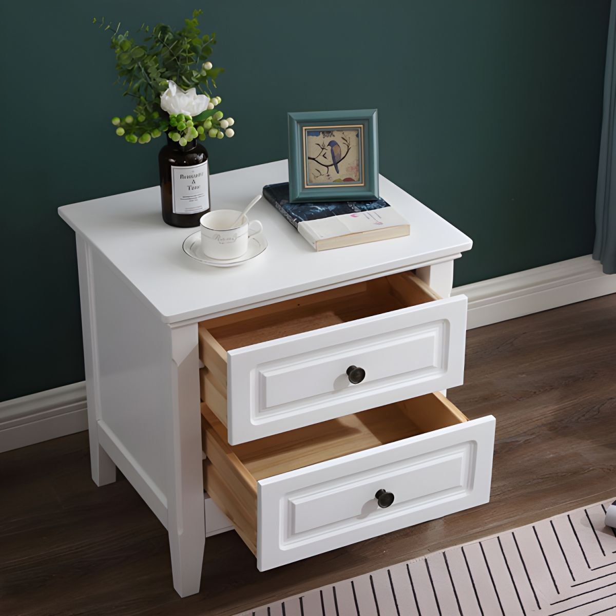 Nightstand White Nightstand in Bedroom Wooden Sofa Side Storage with Sliding Drawers and Shelves - Image 7