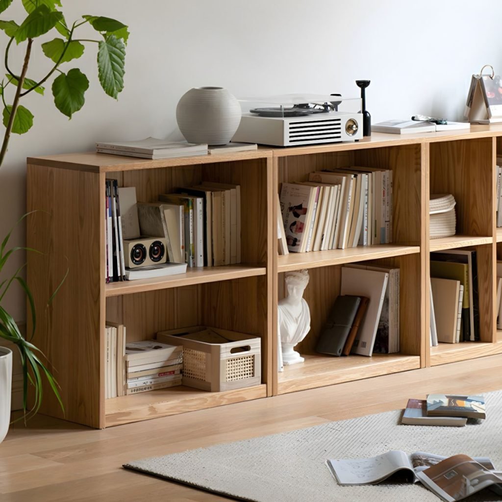 A minimalist 8-cube Open Bookcase in a horizontal layout. The top image shows a dark grey version styled with books, a vintage camera, and woven storage baskets in a bright living room. The bottom image shows the raw Wooden Storage structure in a natural light oak finish, highlighting the clean lines and modular 8-shelf design. Perfect for modern home office and minimalist decor.