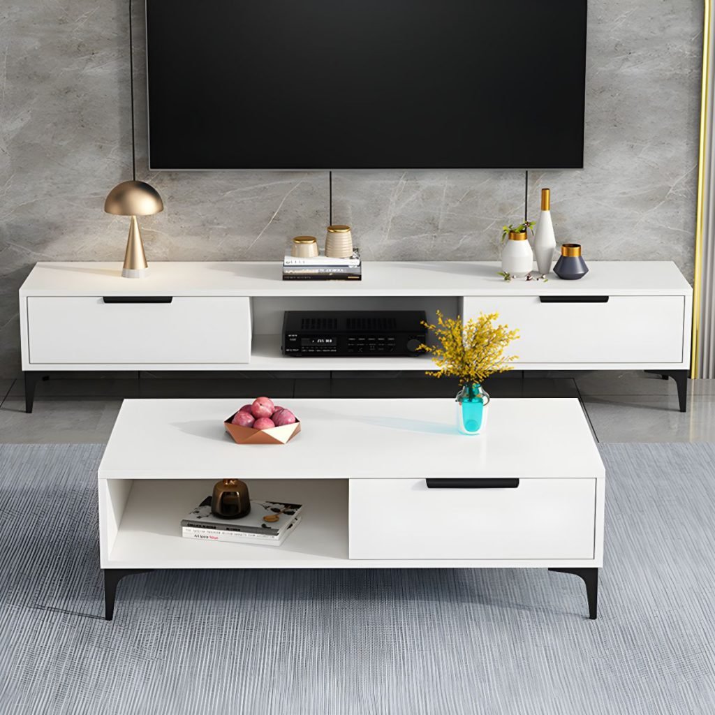 Apexerahomelife Sleek Two Tone Media Console in 47.5-inch length, featuring a grey and white finish with two side drawers, a central open shelf for electronics, and premium E0-grade wood texture.
