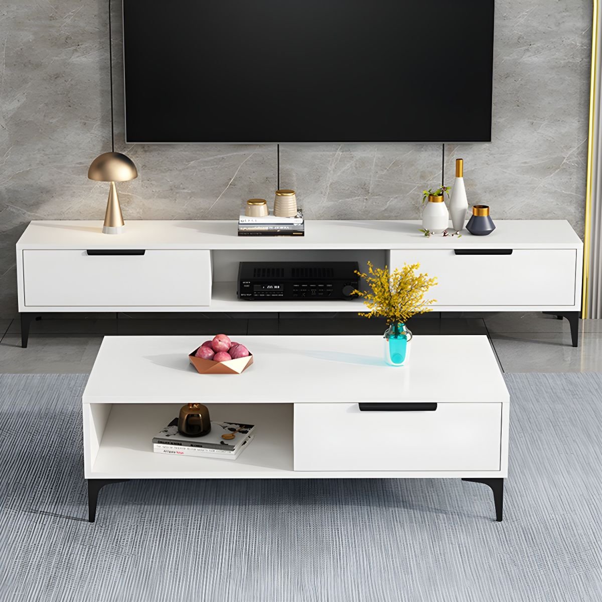 Ivory Wood TV Stand with Shelf, 2 Drawers, 2 Cabinets, Cable Management, and Visible Storage
