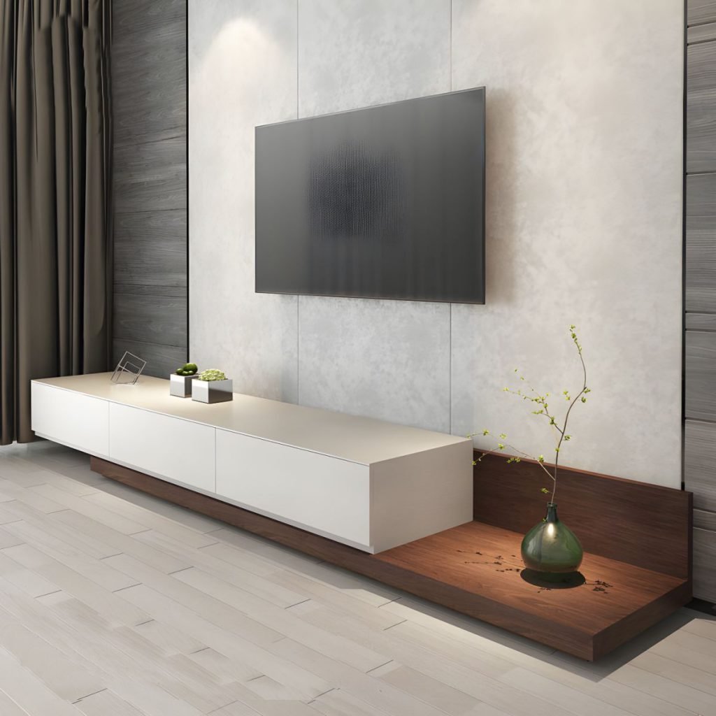 Apexerahomelife Sleek Extendable Media Stand 210cm, showing a modular telescopic design with three drawers and premium E0 wood texture.