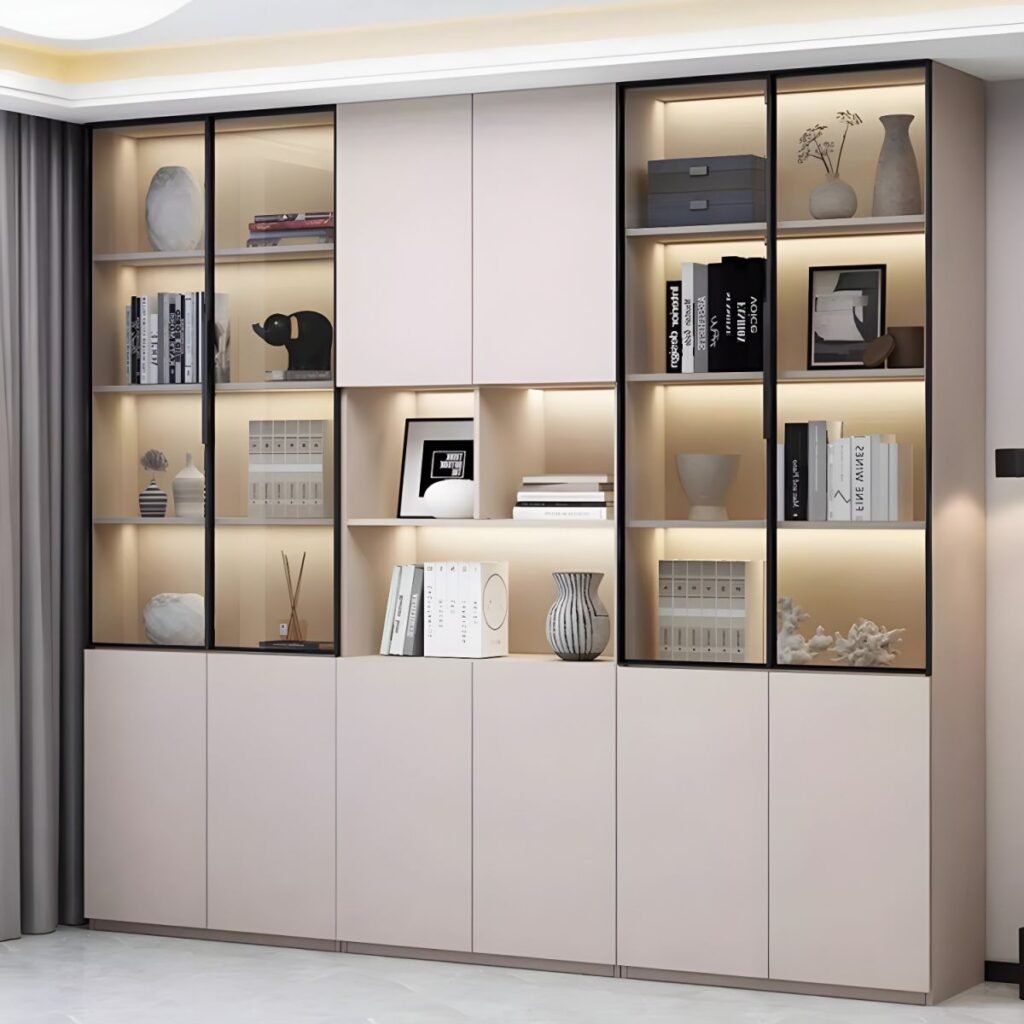 1200x12009 292 Wooden Bookcase Modern With Glass 2/6 Doors Living Room Library 2 Drawers Storage Cabinet Book Shelvese With Lights Bookshelf