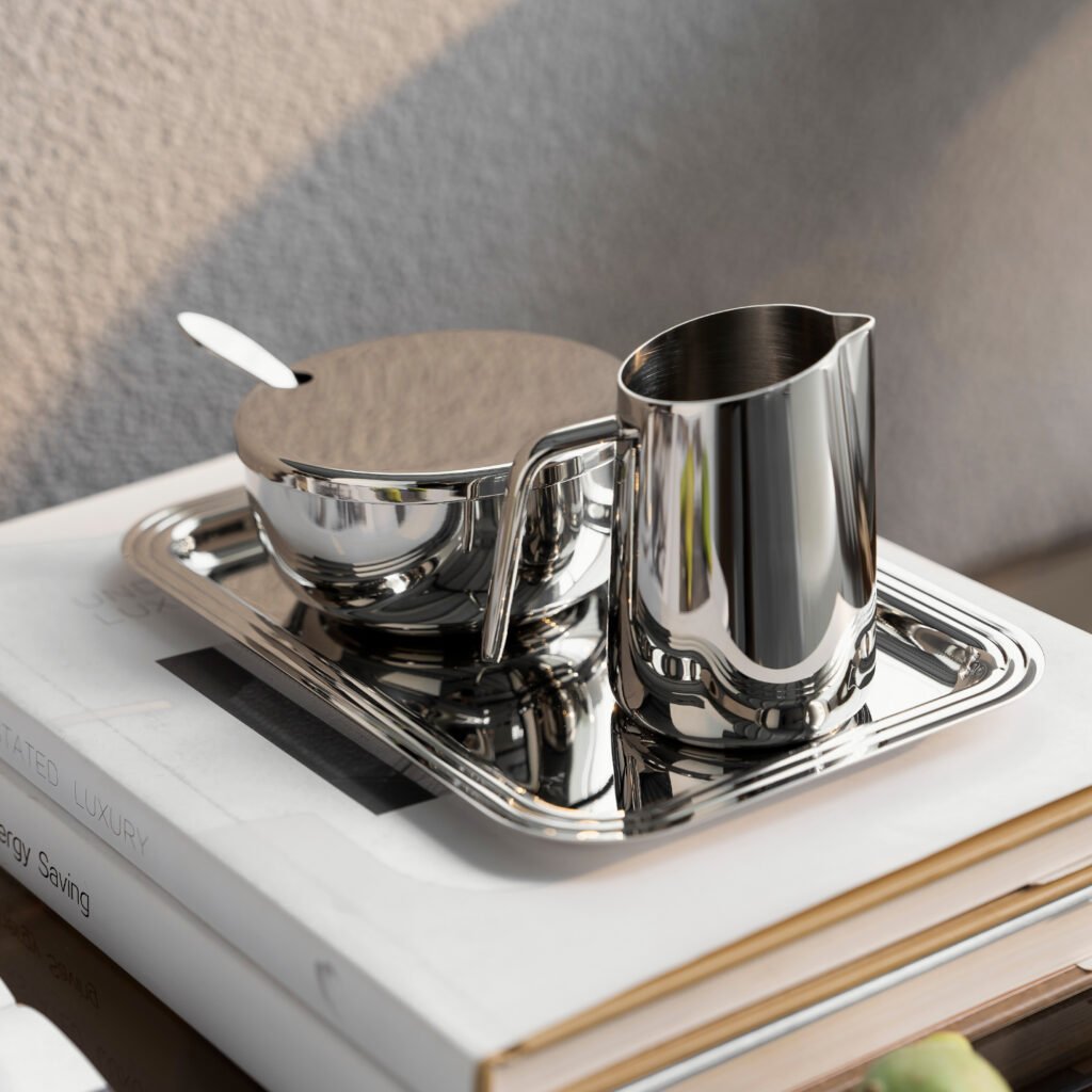 149 1 1 Cream Sugar Set for Luxury Coffee Service, Elegant Mirror Polished Stainless Steel Milk Pitcher and Sugar Bowl.