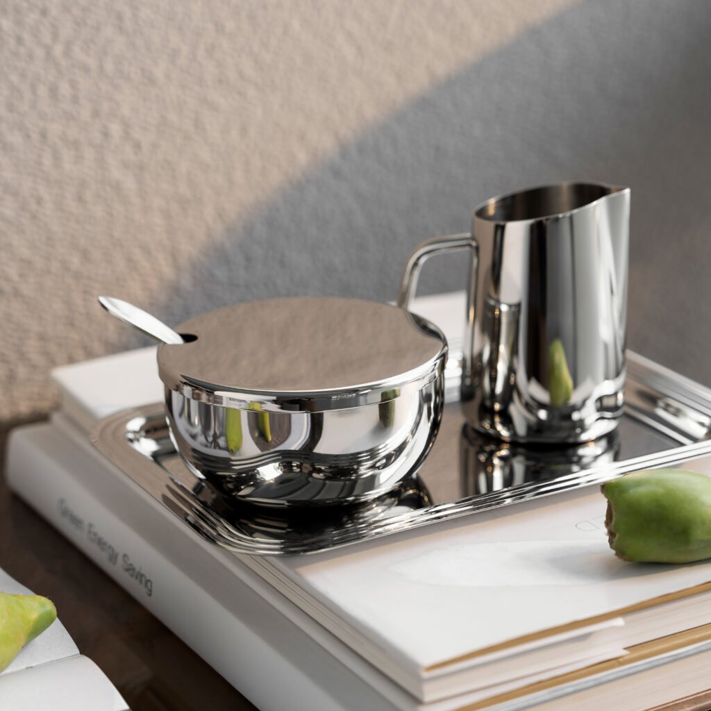 149 3 1 Cream Sugar Set for Luxury Coffee Service, Elegant Mirror Polished Stainless Steel Milk Pitcher and Sugar Bowl.