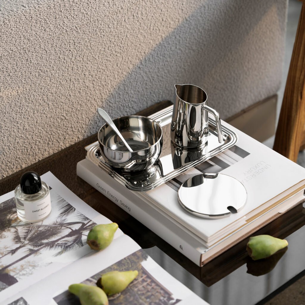 149 4 1 Cream Sugar Set for Luxury Coffee Service, Elegant Mirror Polished Stainless Steel Milk Pitcher and Sugar Bowl.
